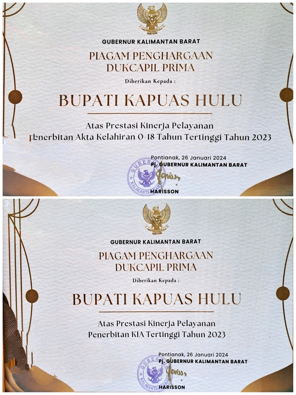 Award : Pelayanan Penerbitan KIA & Akta Kelahiran 0-18 Tertinggi se Kalbar 2023